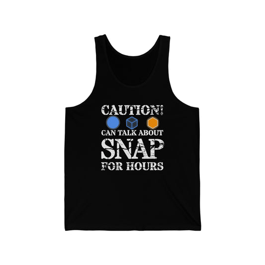 "caution - snap for hours" Marvel Snap Unisex Jersey Tank